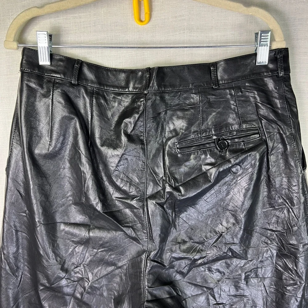 VTG Leather City Mens‎ Size 34 Pants Baggy Black Genuine Leather Pleated Lined